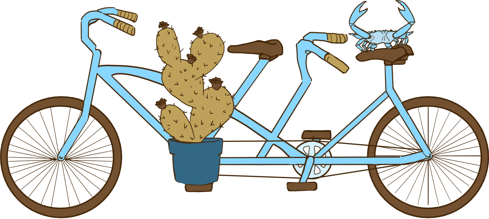 a cactus and crab on a tandem bicycle