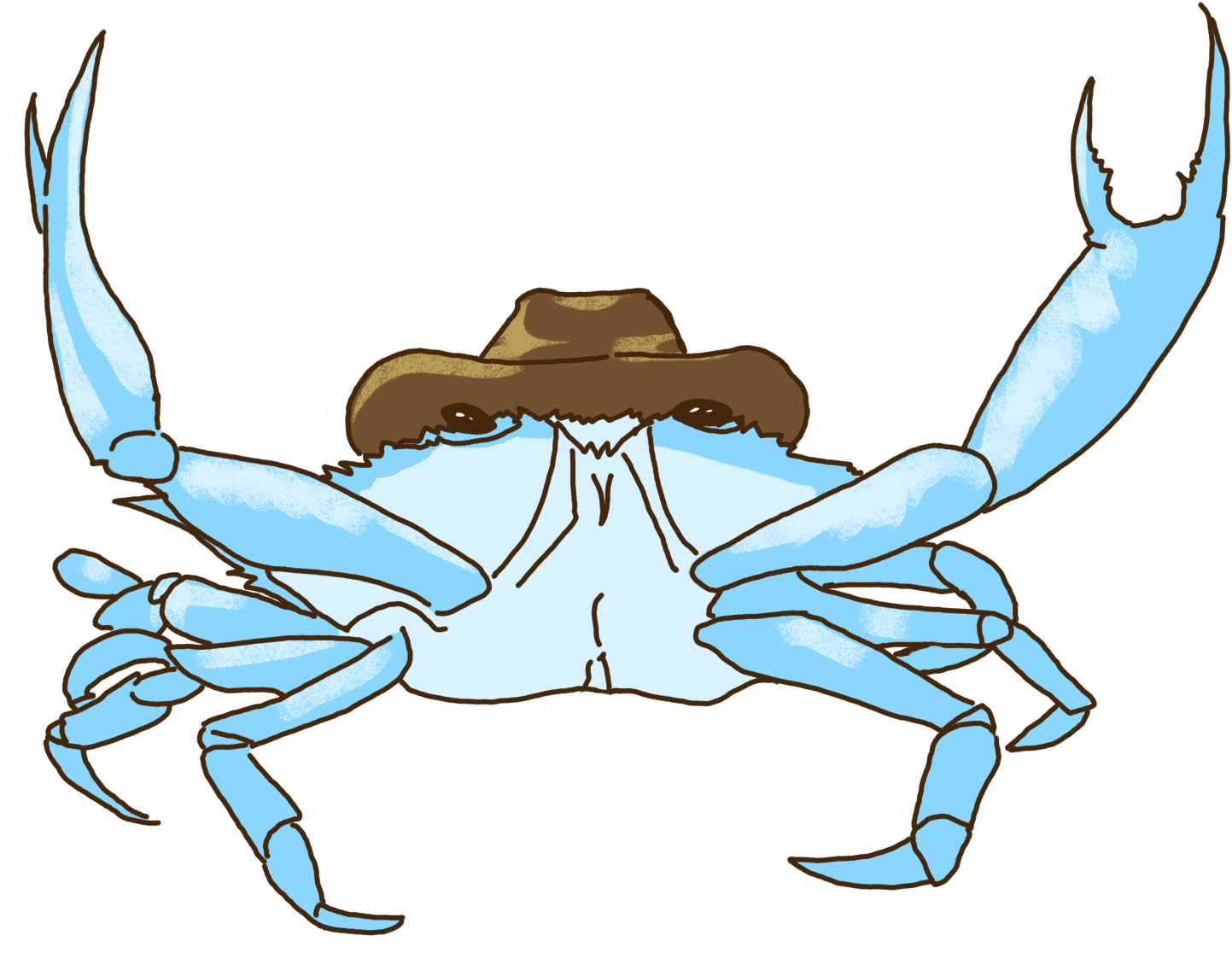 drawing of crab raising claws wearing cowboy hat
